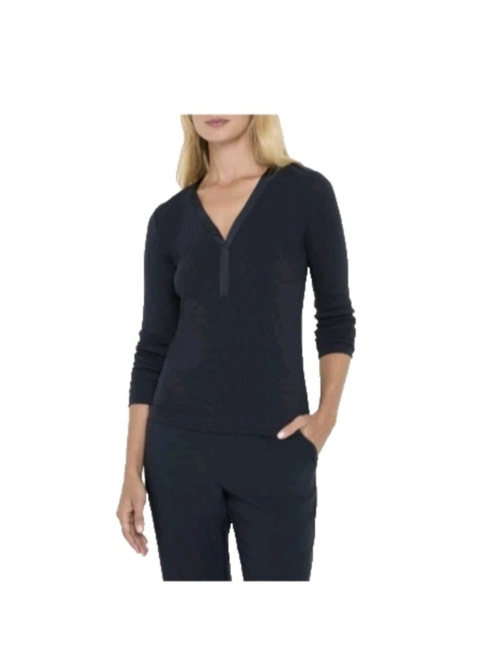 NIC+Zoe Perfect Trimmed Long Sleeve Knit Top Dark Indigo XS NWT